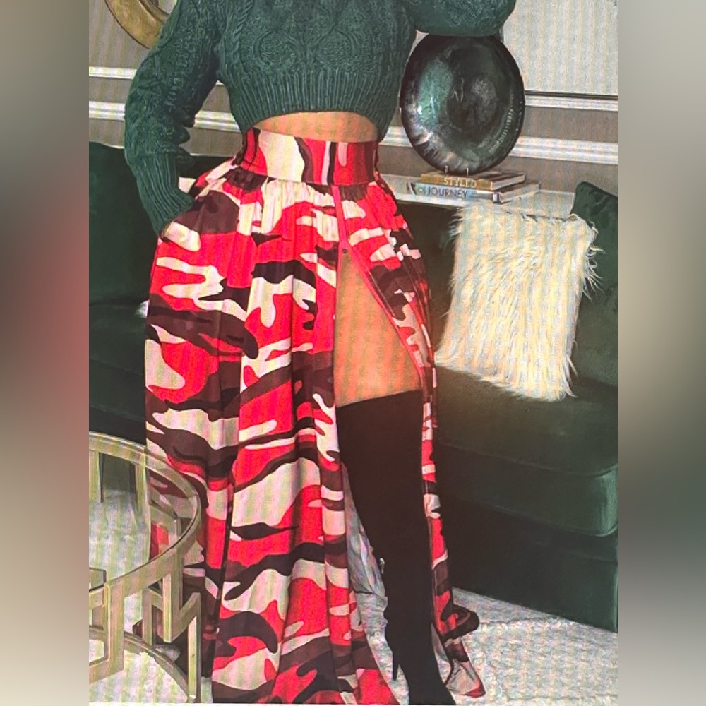 Camouflage Print Split High Waist Skirts,